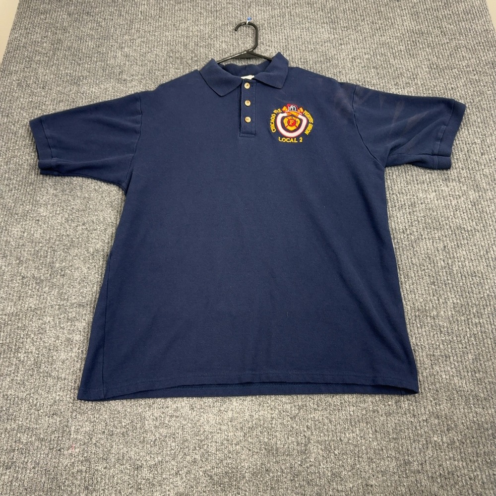 Vintage Chicago Fire Fighters Union Local 2 Union Line Polo Mens XL Navy Cotton